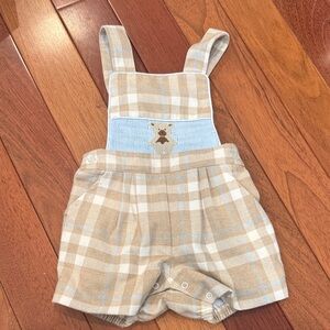 Beige & Light Blue Plaid Baby Overall Romper with Bear Accent